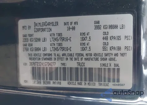 2001 Dodge Ram 2500 St from USA, damaged, VIN 3B7KF23Z41G734277